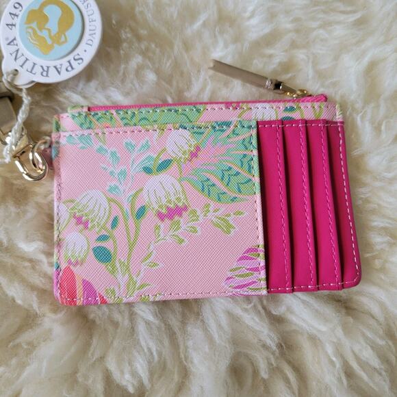 New Spartina 449 Slim Card Coin Purse Wristlet StrapPink Green Floral - Picture 2 of 5